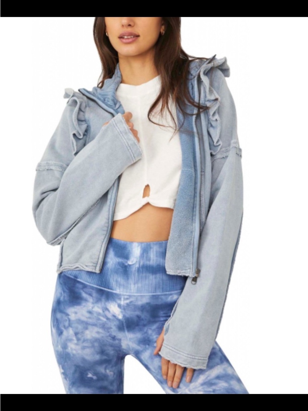NWT Free People FP Movement So Cool Blue Ruffle-Zip Up Sweatshirt xs